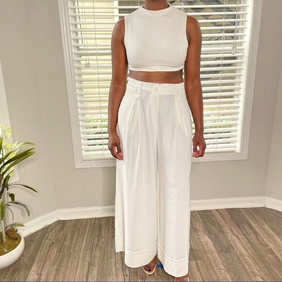 Revolve Babylon Collection Wide Leg Cuffed Trouser Pants in White Cream - Picture 3 of 11